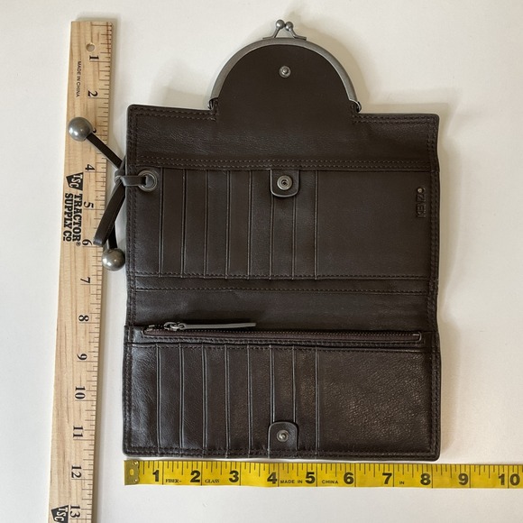 Vintage New Kenzo Leather Wallet Clutch Kiss Lock Coin Purse Brown Boho Retro - Picture 8 of 12